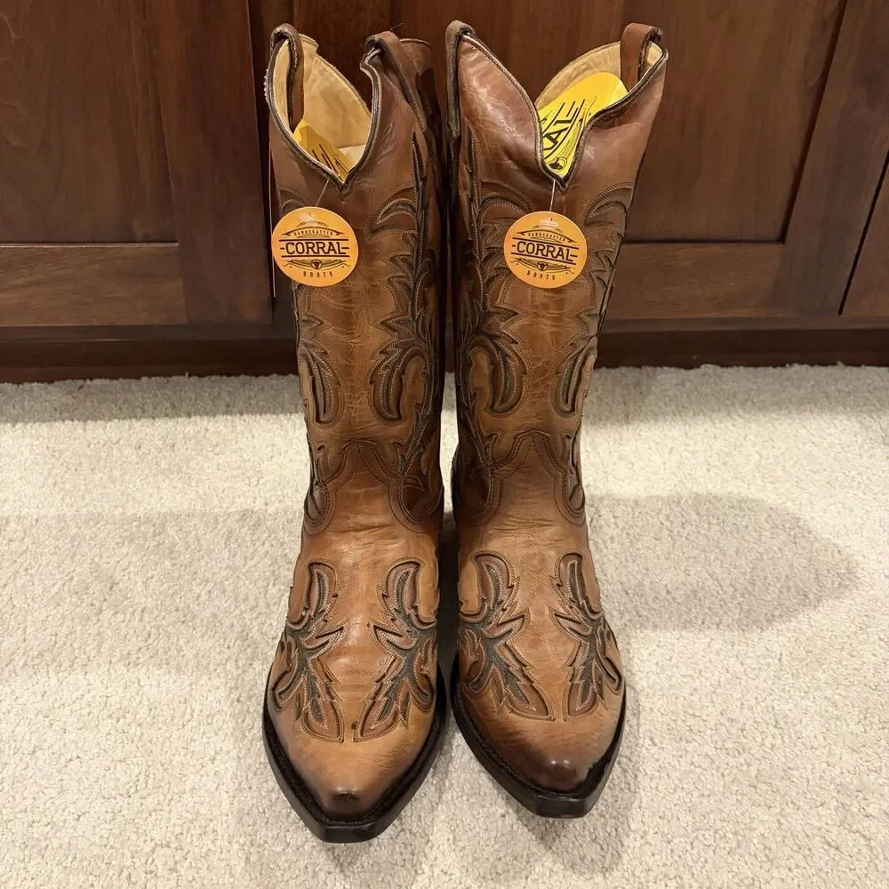 NIB Corral Men’s Honey Grey Inlay Embroidered Western Boots Leather 10 EE (wide)